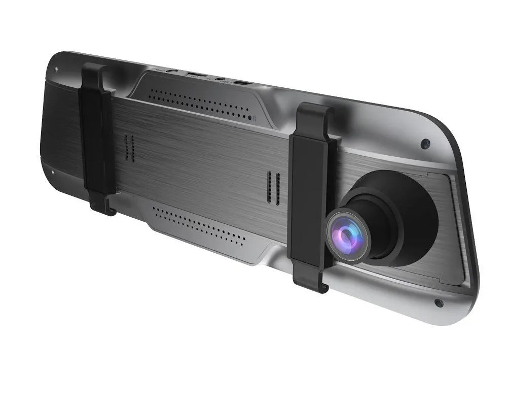 Black rearview mirror driving recorder with 10-inch touch screen display mounted in a car.