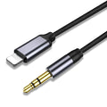 Silver and black nylon braided audio cable with 3.5mm connectors for car aux and headphone use