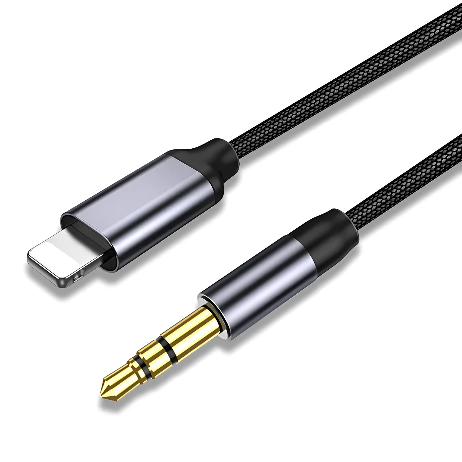 Silver and black nylon braided audio cable with 3.5mm connectors for car aux and headphone use