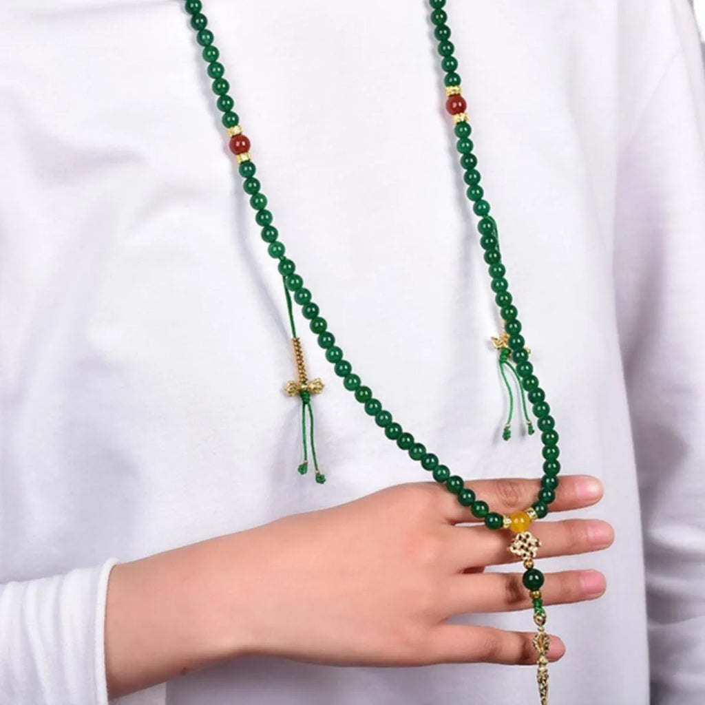 Natural green agate multi-circle bracelet on wrist, showing 8mm bead size.