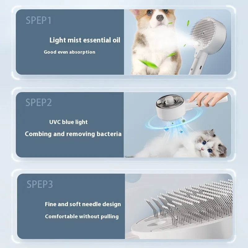 Ceramic white pet grooming brush with spray nozzle, UVC blue light, and fine needles for dogs and cats.
