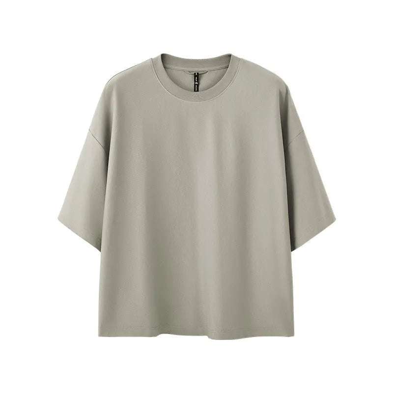 Men's sand grey loose fit short sleeve t-shirt made from cotton and polyester blend fabric