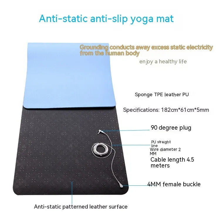 Blue conductive yoga mat with plants and flowers pattern, measuring 182x61cm with grounding wire