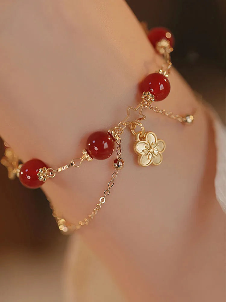 Handmade red agate double layer bracelet with floral and peach blossom ethnic design for women