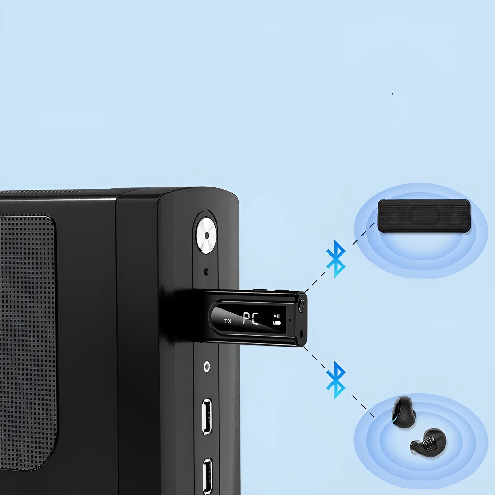 Black USB car FM Bluetooth receiver for MP3 playback with USB and AUX ports
