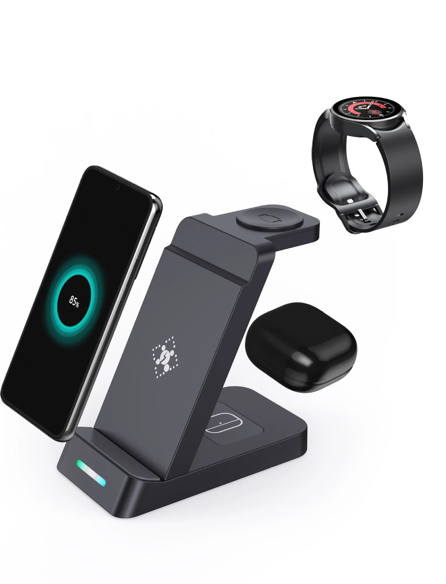 Black 3-in-1 wireless charging station with stand for phone, AirPods, and Apple Watch on a desk.