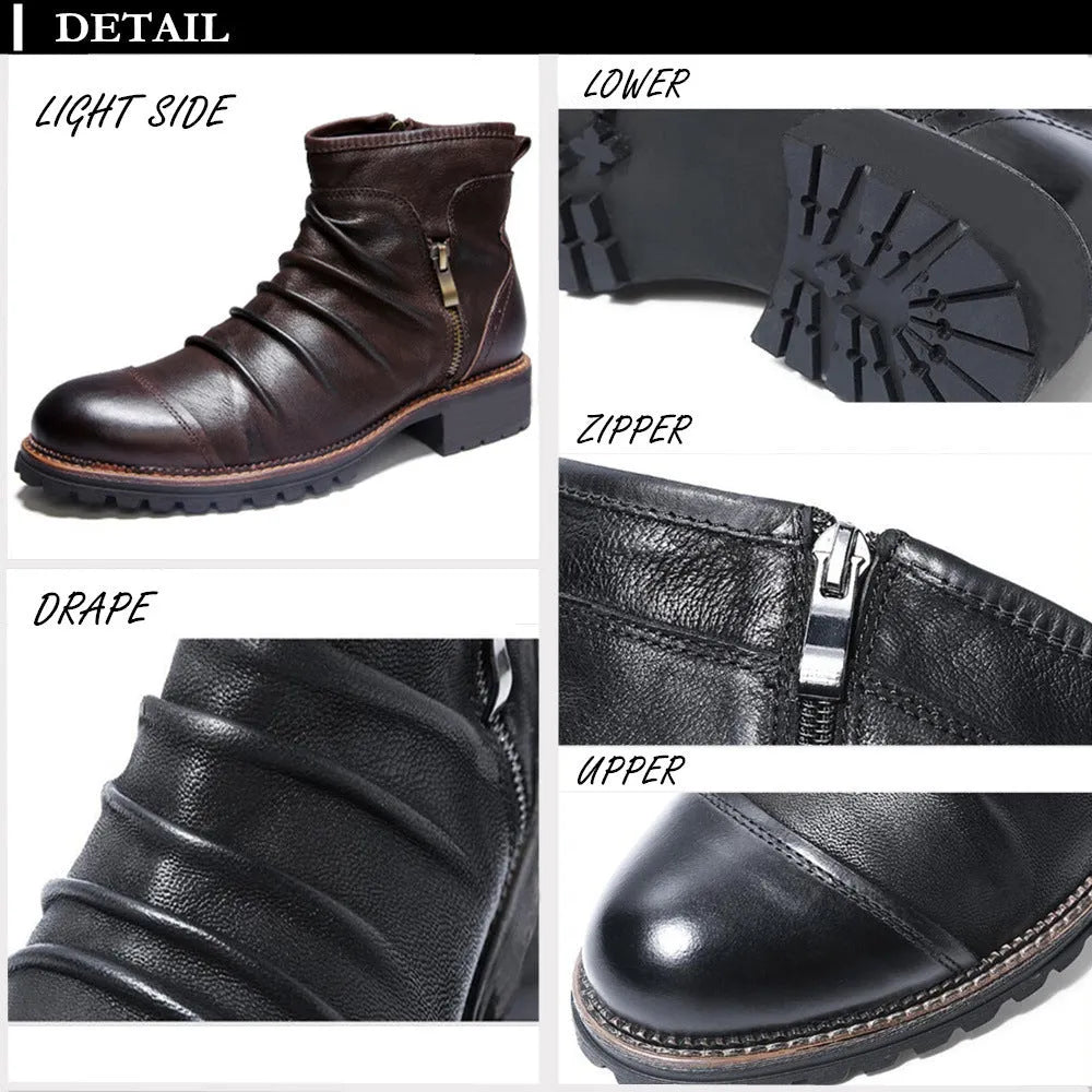 Black PU leather cowboy boots with a side zipper, horseshoe heel, and round toe on a white background.