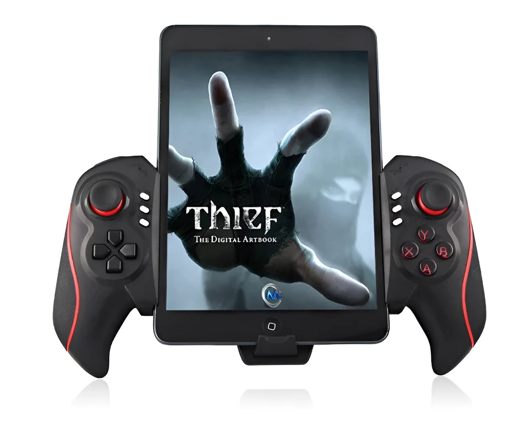 Wireless telescopic gamepad controller extended with mobile phone showing Apple iOS and Android compatibility