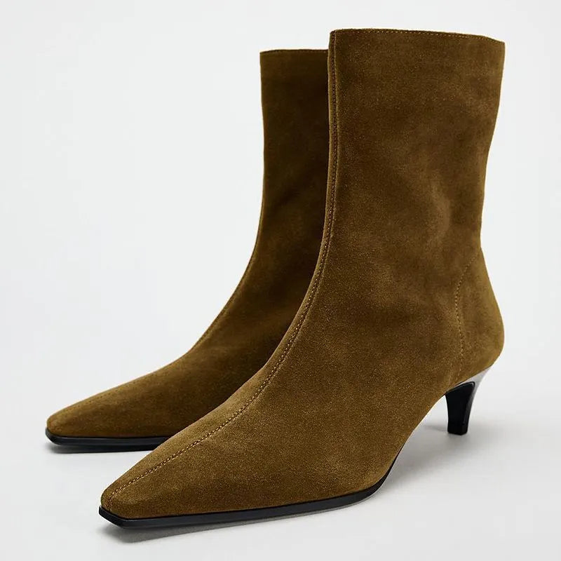 Brown square toe women's ankle boots with a side zipper, kitten heel, and a waterproof platform sole.
