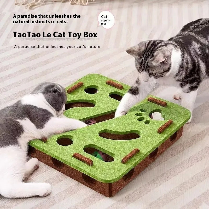 Green brown felt rectangular cat toy box with a circular hole and interior stuffing for play and scratching.