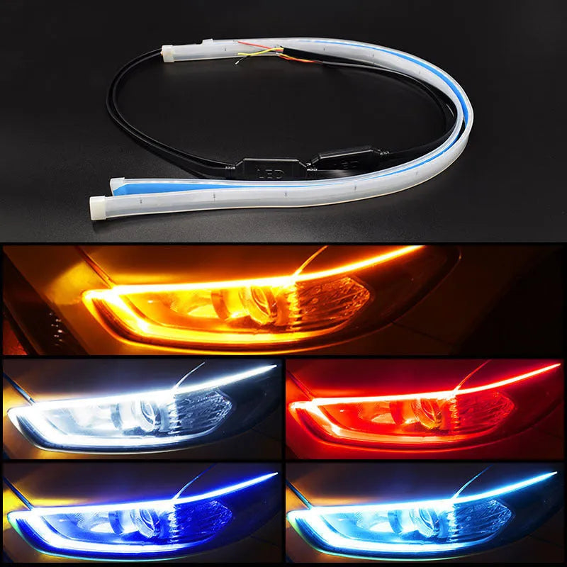 Car LED daytime running light strip with flowing turn signal indicators in silicone housing