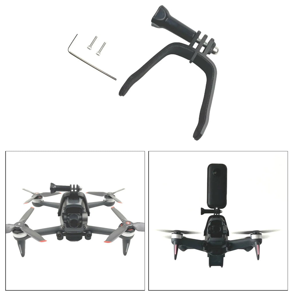 Black FPV drone expansion bracket for panoramic camera mounting with GoPro connector