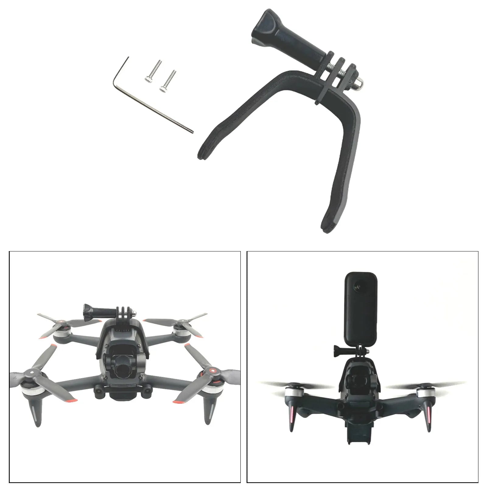 Black FPV drone expansion bracket for panoramic camera mounting with GoPro connector