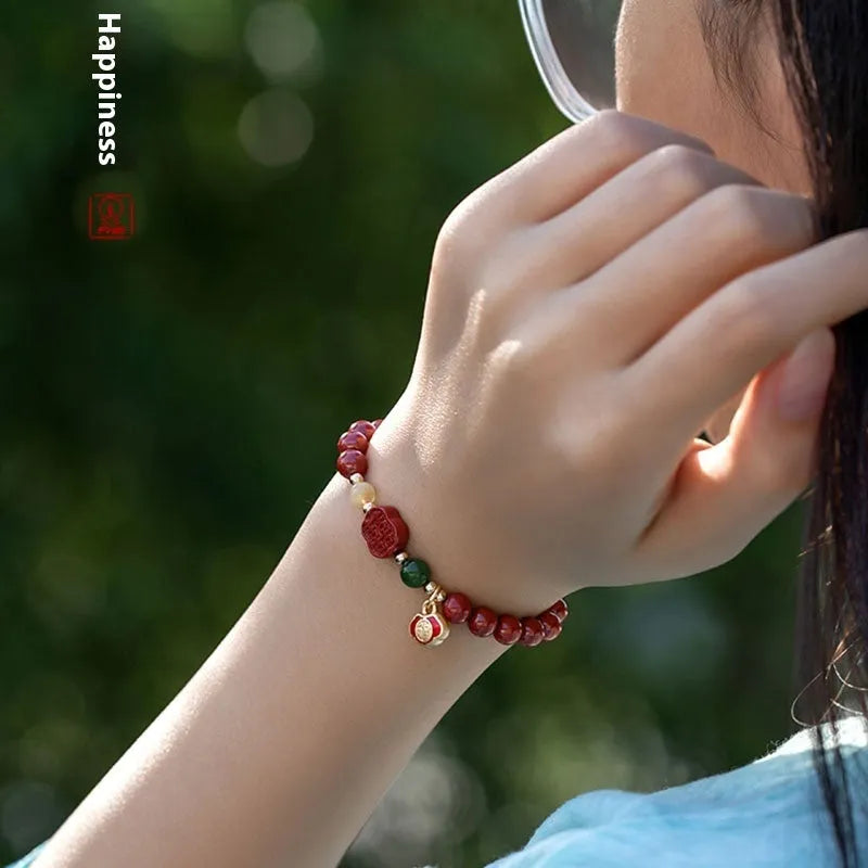 Cinnabar bracelet with emperor sandstone beads and fu character symbol in new Chinese style