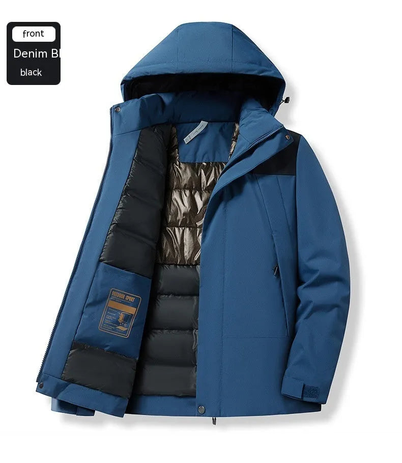 Winter thicken thermal shell jacket in black, waterproof polyester with contrast colour details for outdoor skiing and hiking