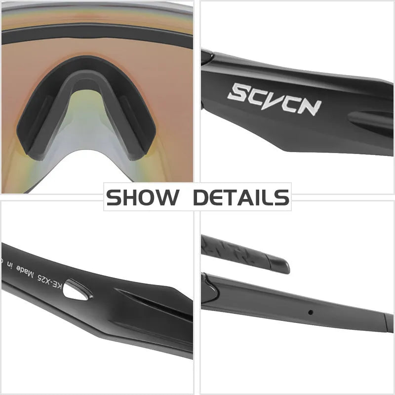 Frameless sports glasses with a single colourful lens for windproof protection during cycling and running.