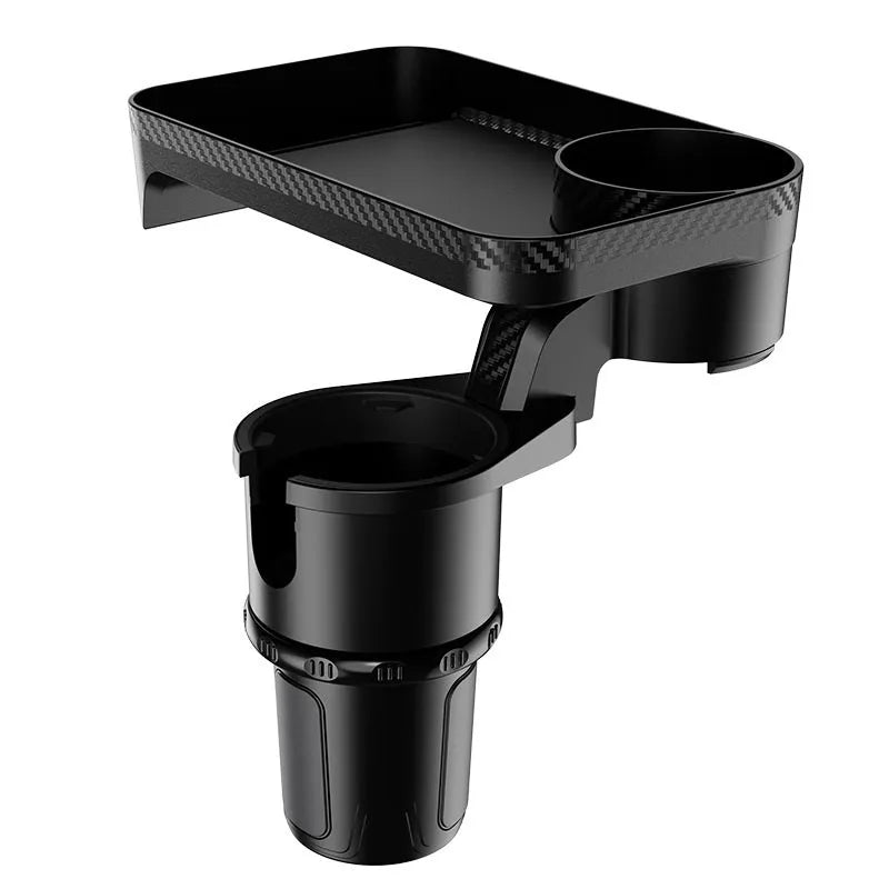 Black ABS plastic car-mounted 360-degree rotating dinner tray holder showing rotation mechanism