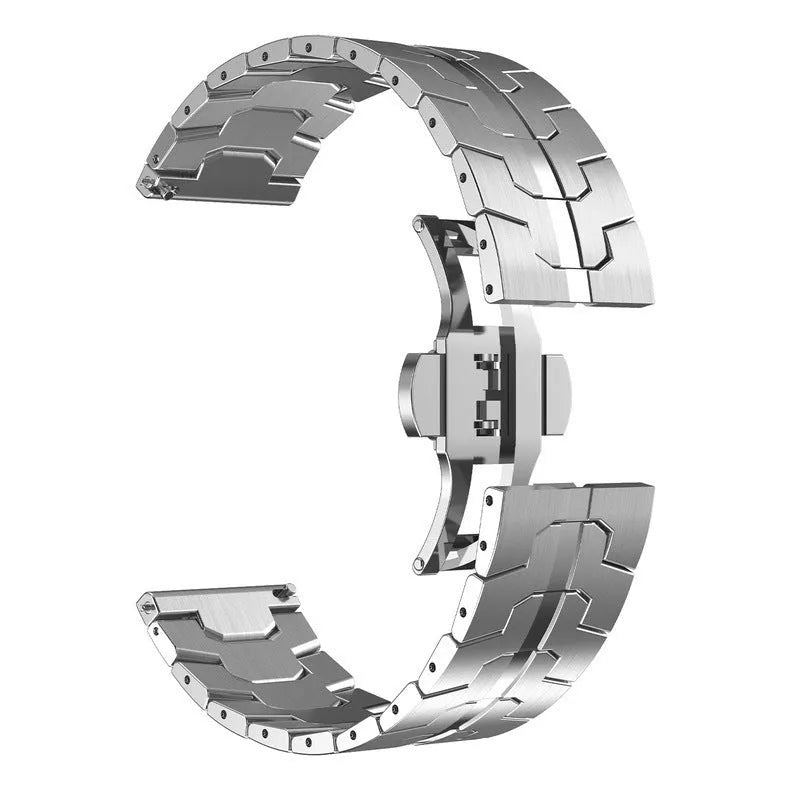Stainless steel smartwatch band for Samsung Galaxy Watch in silver, black, titanium, blue, and two-tone colour options
