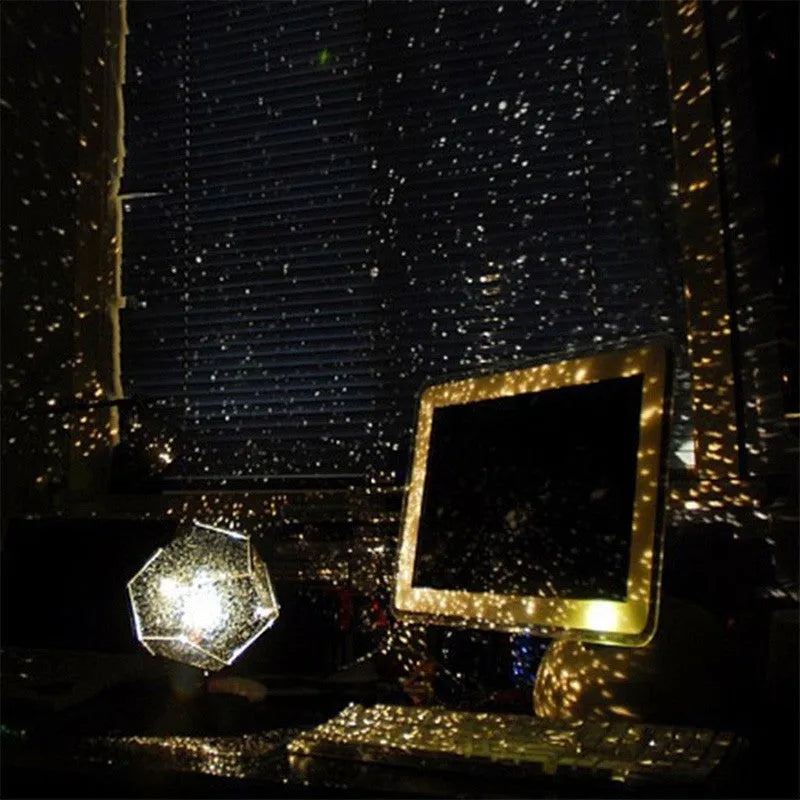 LED starry sky projector night light showing constellation projection on a dark bedroom ceiling.