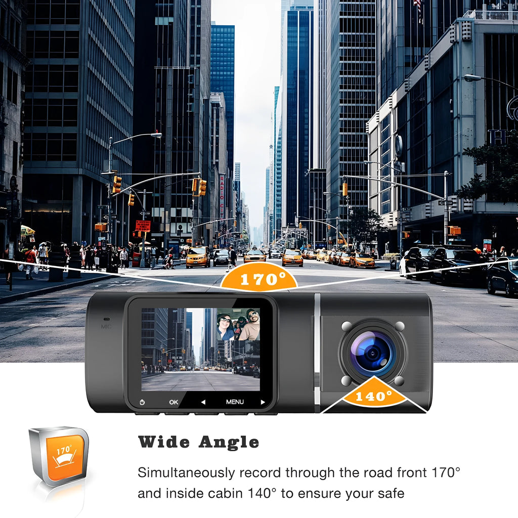 Black dash cam with 1.5-inch screen for car front and rear recording with parking surveillance