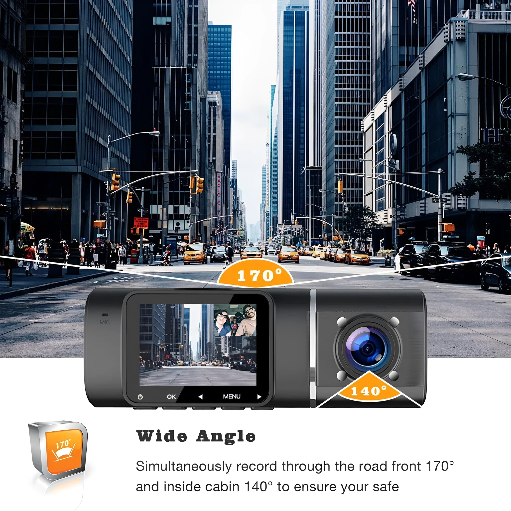 Black dash cam with 1.5-inch screen for car front and rear recording with parking surveillance