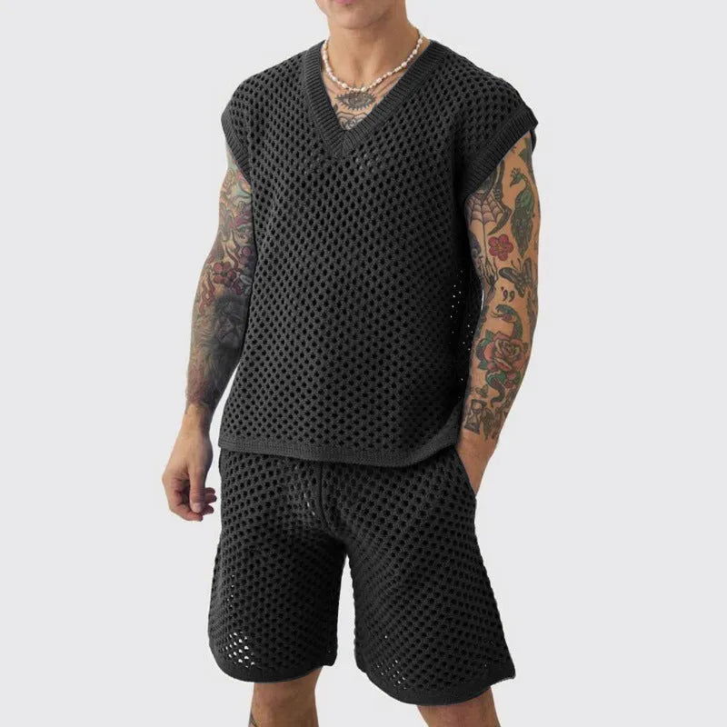 Men's blue V-neck vest with matching shorts set for summer sports activities