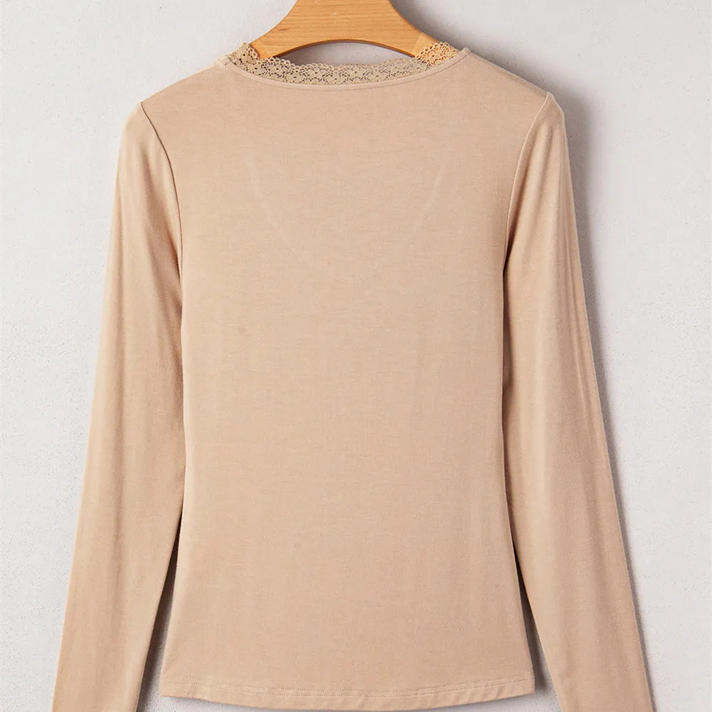 Women's red long sleeve casual top with lace trim detail on neckline, slim fit design
