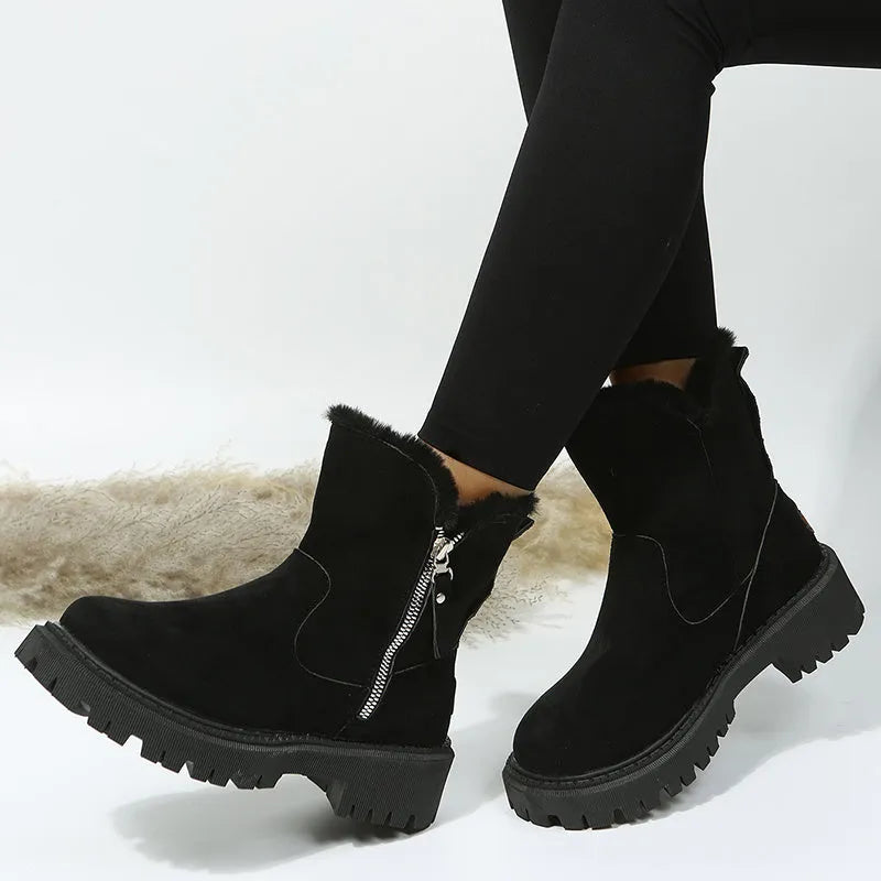 Women's thick plush snow boots with side zip, faux suede upper and non-slip rubber sole