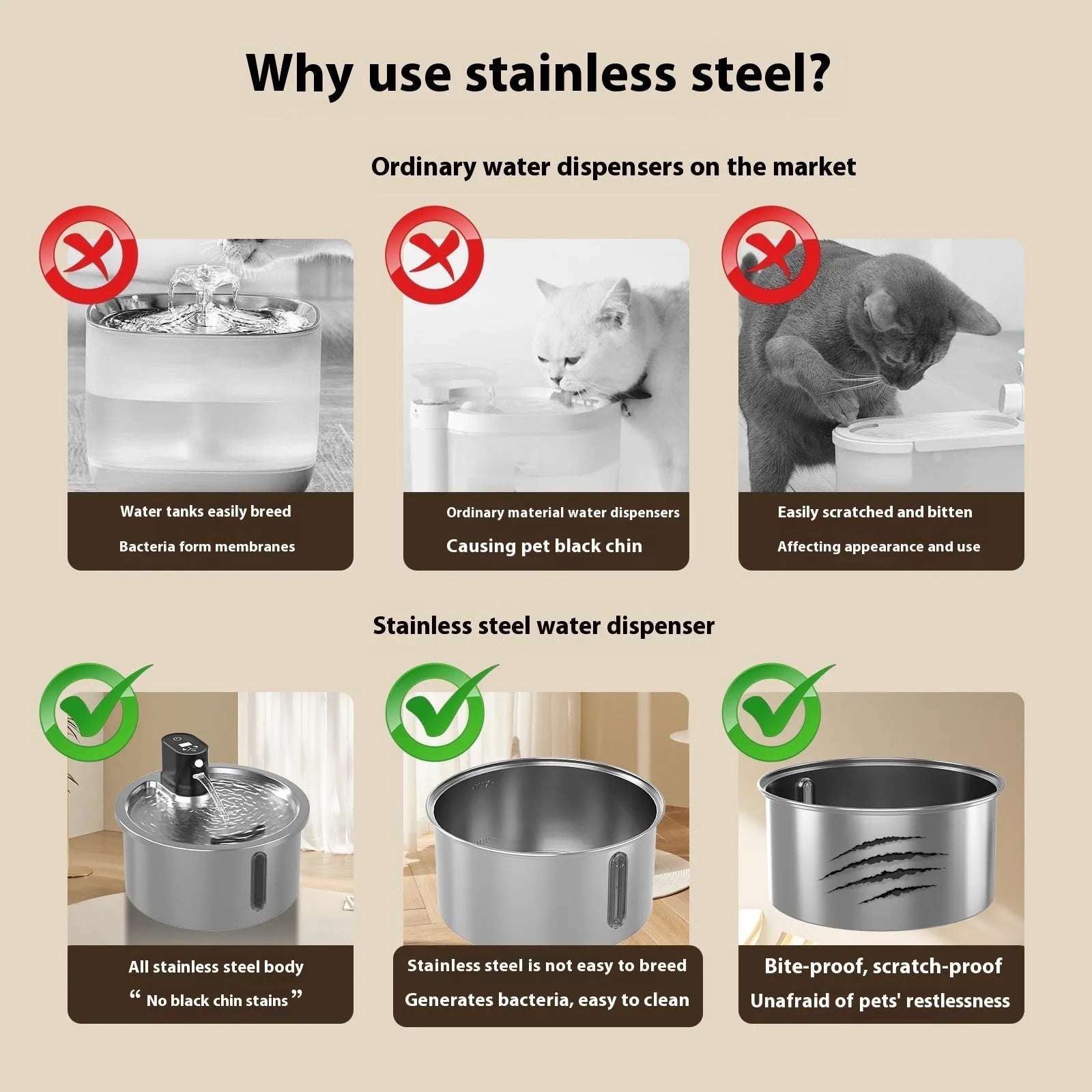 Stainless steel pet water fountain with constant temperature heating base in black colour