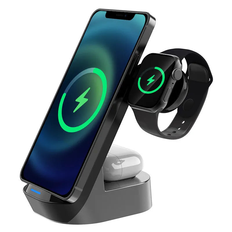 Black grey foldable 3-in-1 wireless charging vertical stand for mobile phone, Apple Watch, and earbuds.