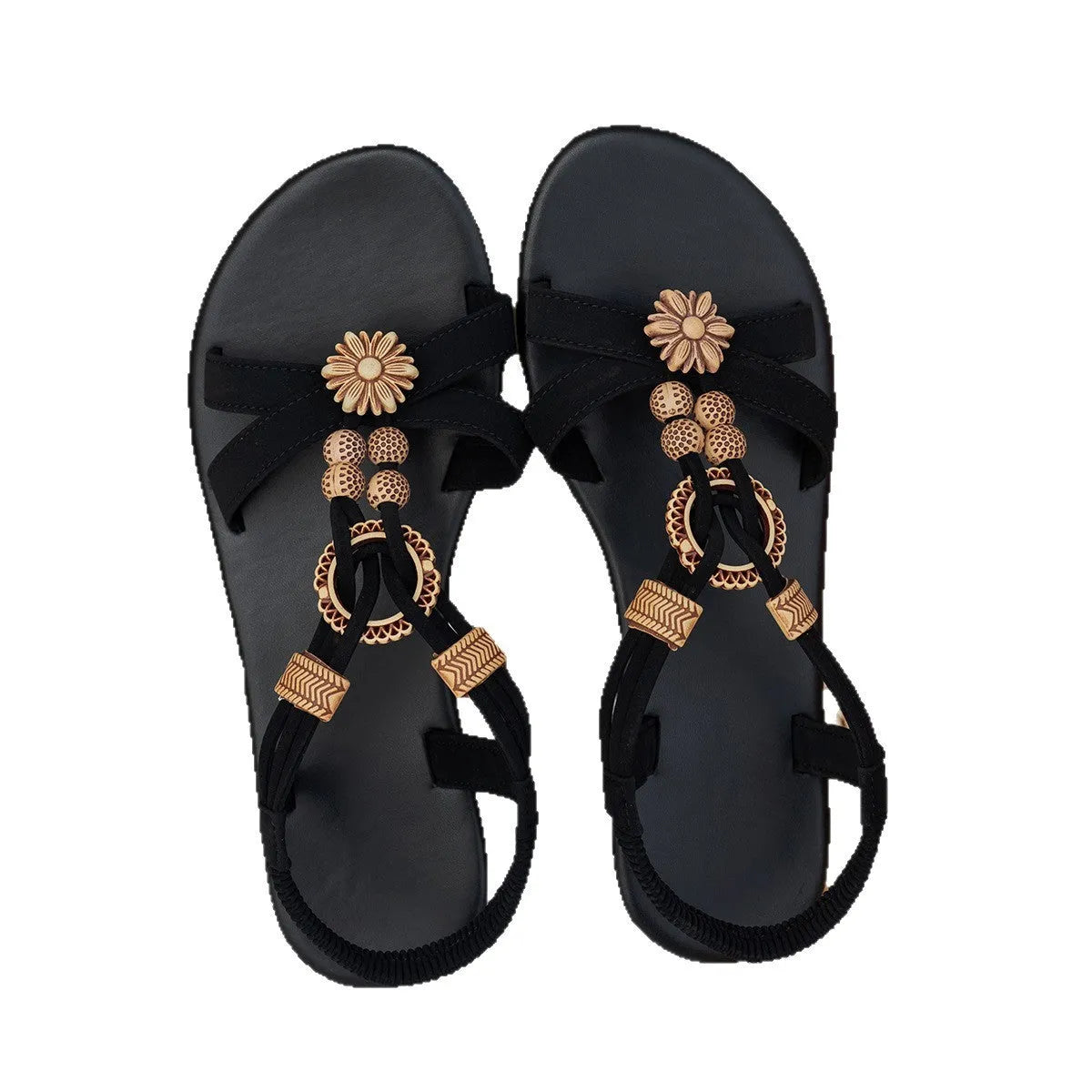 Black ethnic style women's flat beaded weave open toe sandals with elastic band and rhinestone decoration