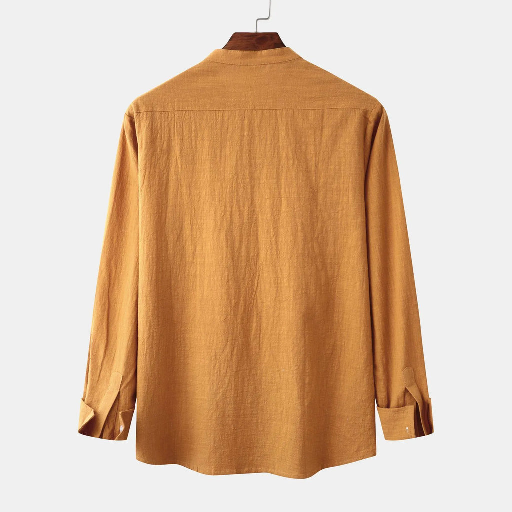 Men's brown long sleeve cotton blend shirt and casual trousers set on a hanger