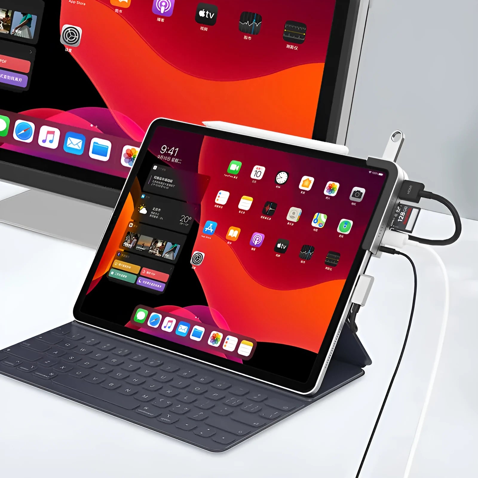 Silver aluminium grey USB C docking station for iPad Pro with HDMI, USB, and card reader ports