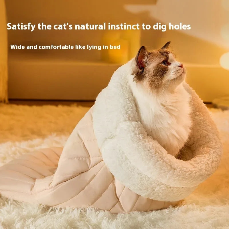 Warm cat sleeping bag with PP cotton filling and fleece exterior in blue grey colour