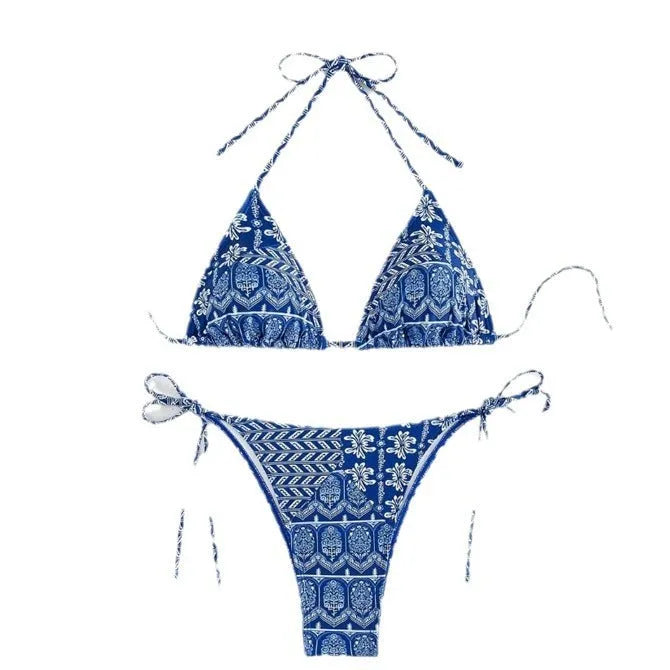 Women's split bikini swimsuit with bandage briefs and decorative printing in polyester fabric