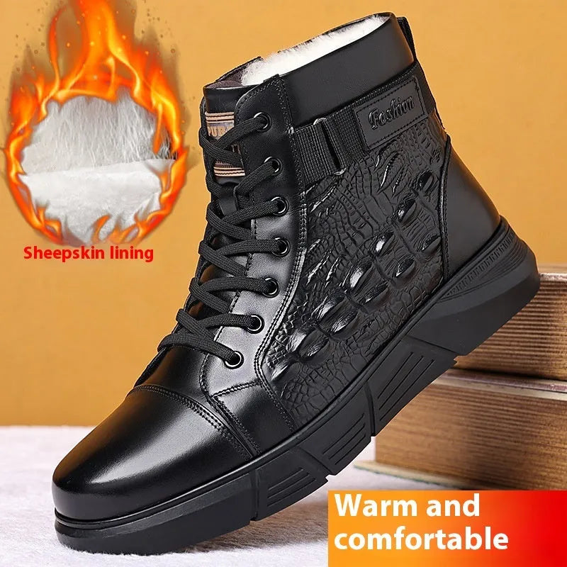 Women's brown genuine leather lace-up snow boots with fur trim and a rubber sole on a white background.