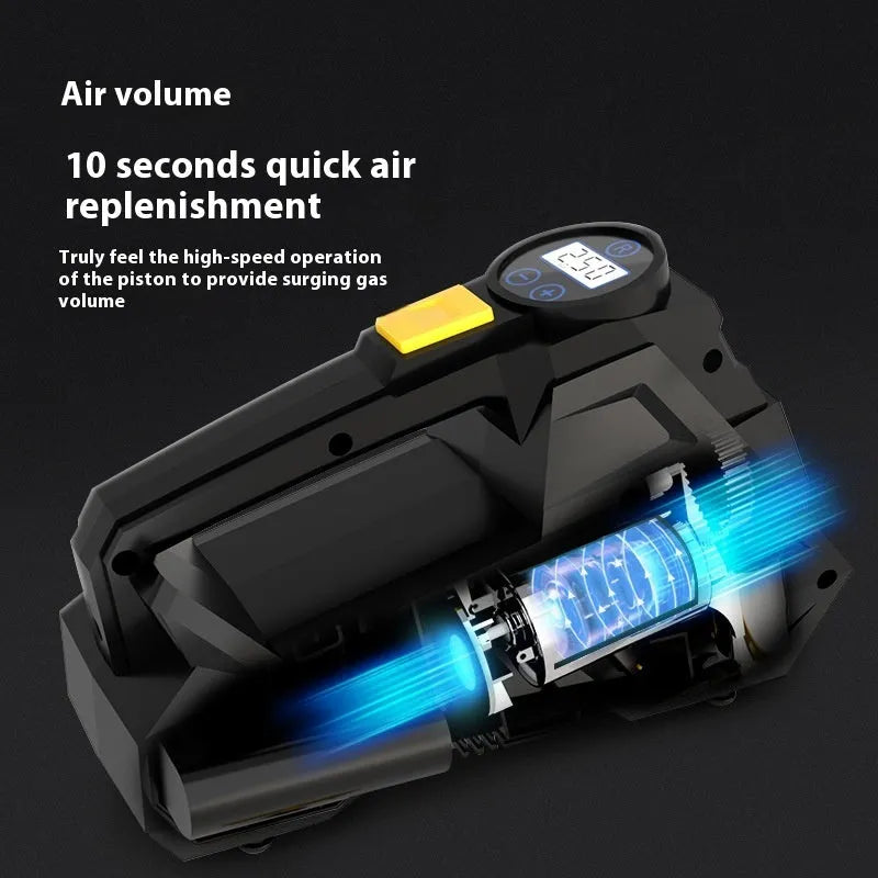 Black vehicle tyre inflator with digital display and 12V power cable