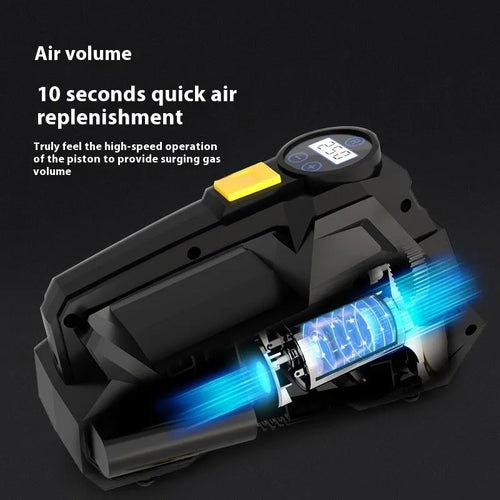 Black vehicle tyre inflator with digital display and 12V power cable