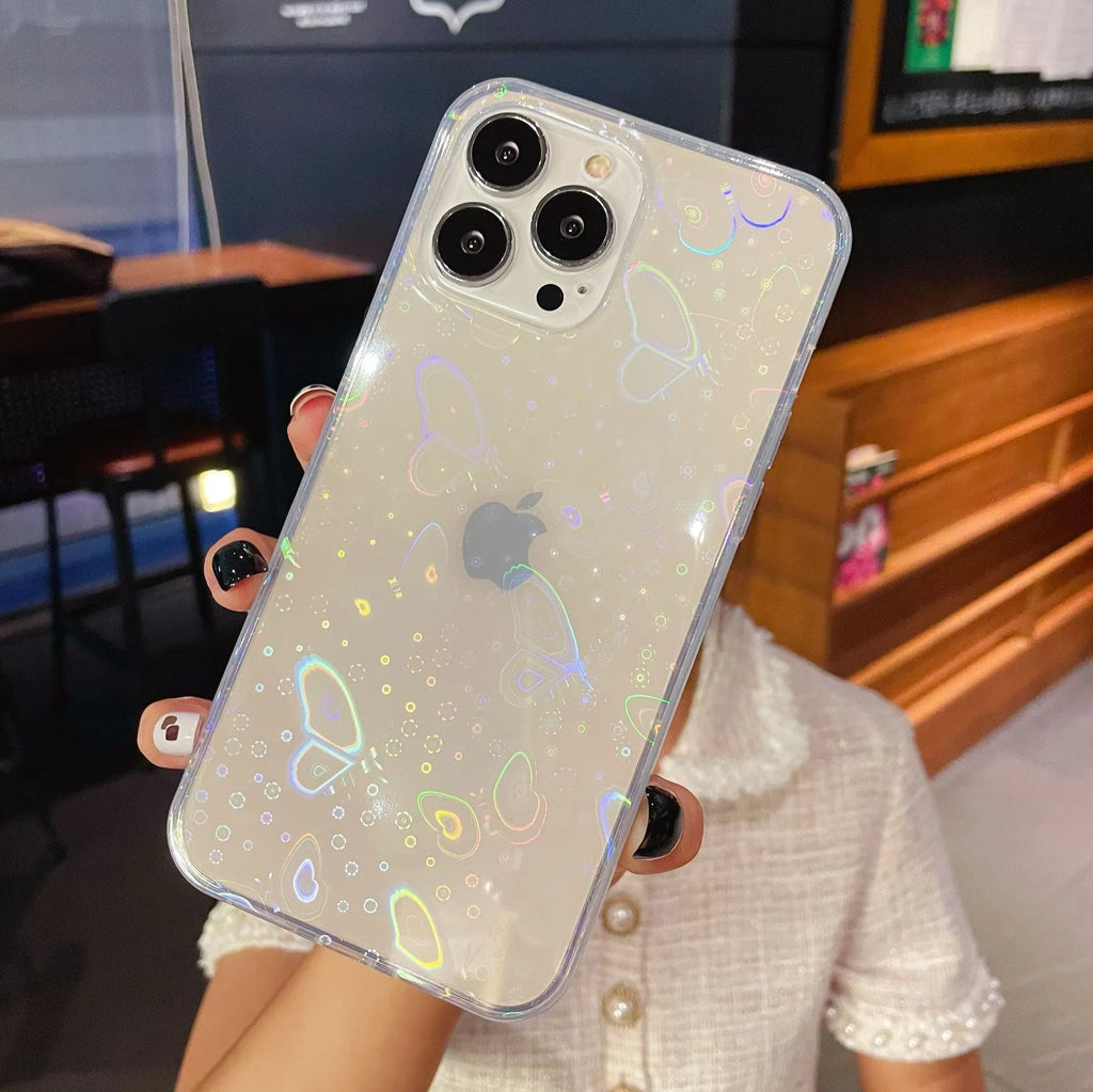 Transparent silicone iPhone case showing laser colourful love heart design on back