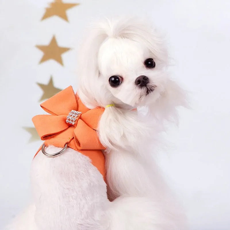 Cute fashion bowknot puppy chest strap harness in microfiber, shown in pink, blue, and orange colour options.