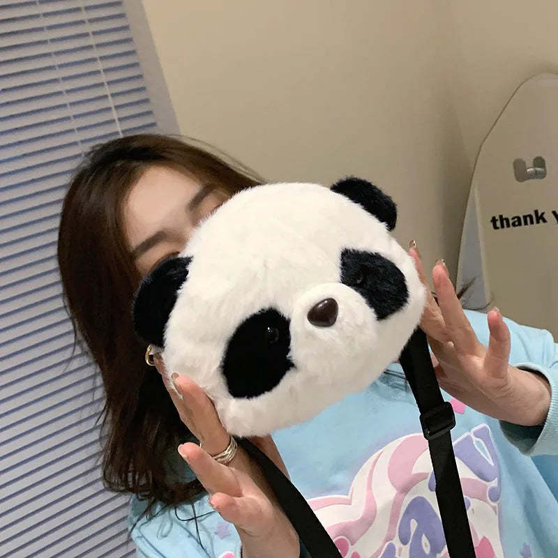 Cylindrical panda head design plush crossbody bag with sandwich pocket compartment
