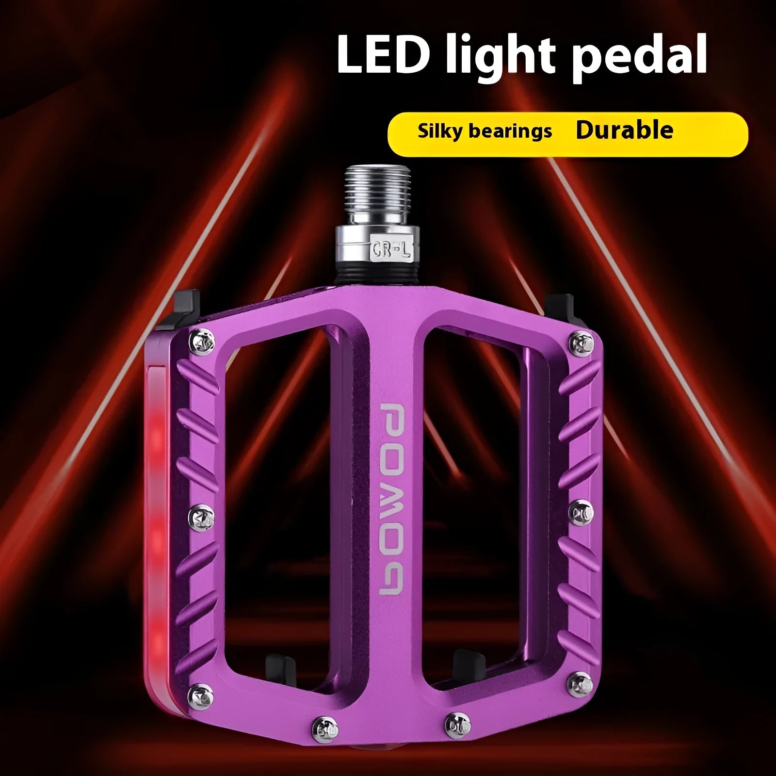Aluminium alloy bicycle pedals with glowing 710 LED lights in purple, black, red, gold, and titanium colour options.