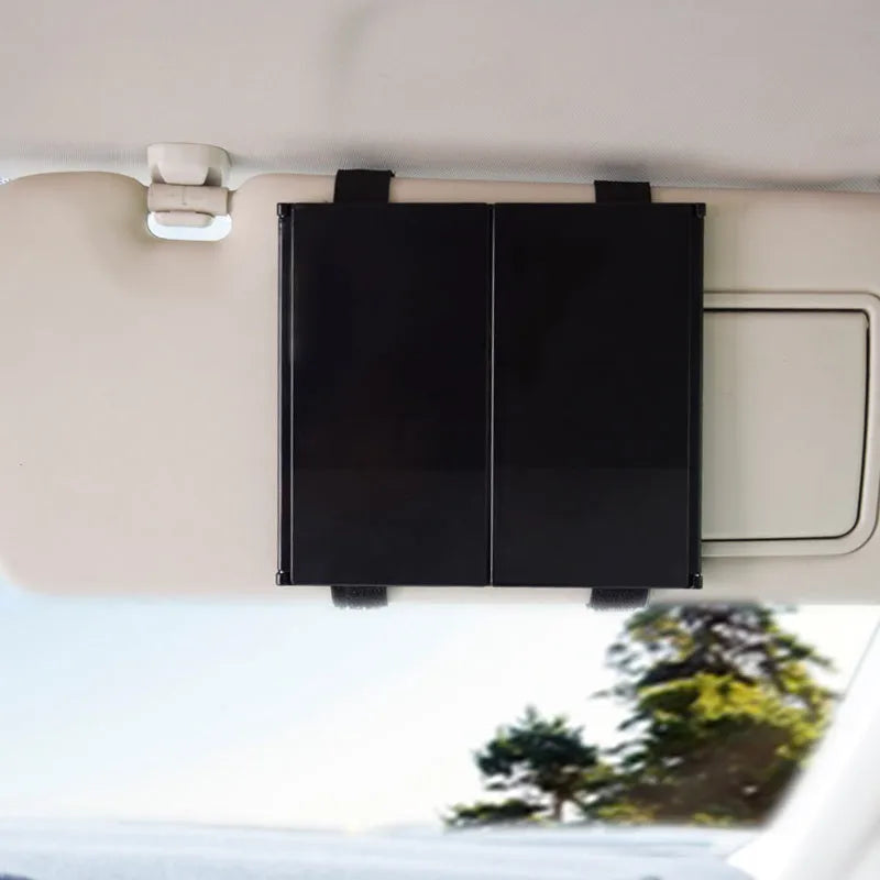 Silver car folding makeup mirror shown open and closed, model SD-2408