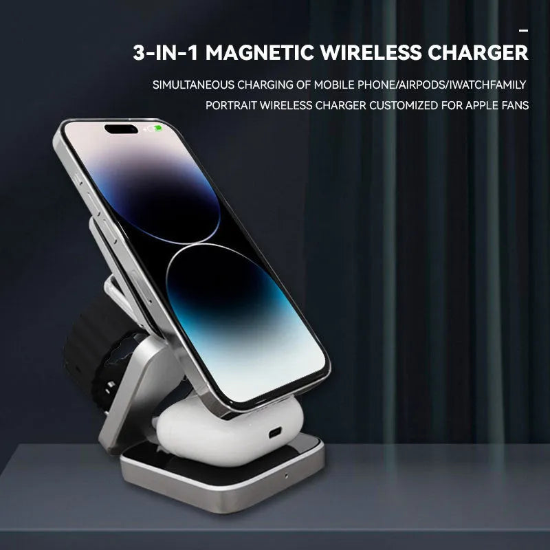 Three-in-one desktop wireless charging bracket showing foldable design with charging areas for multiple devices