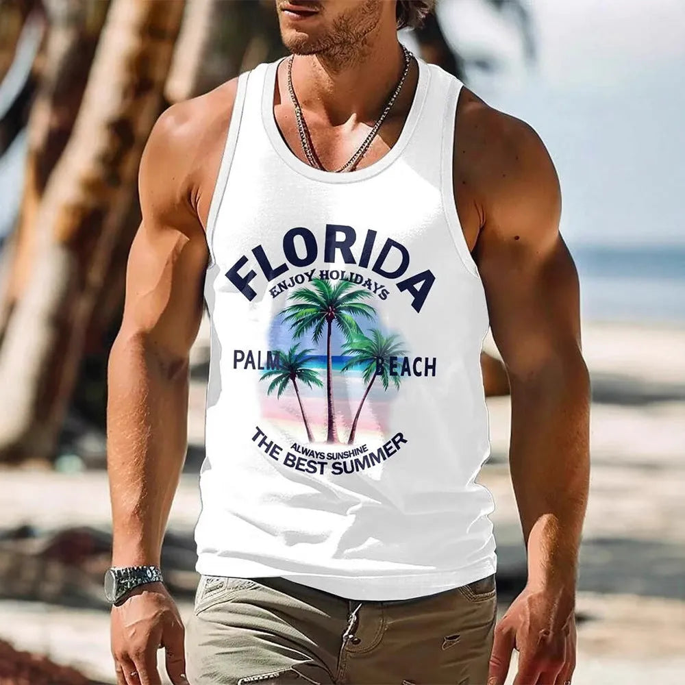 Man wearing a solid-colour 3D printed Hawaiian style sleeveless vest top