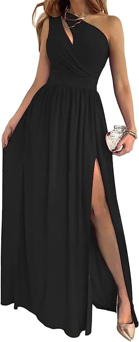 Women's one shoulder high split maxi dress in apricot with cutout detail and sleeveless design