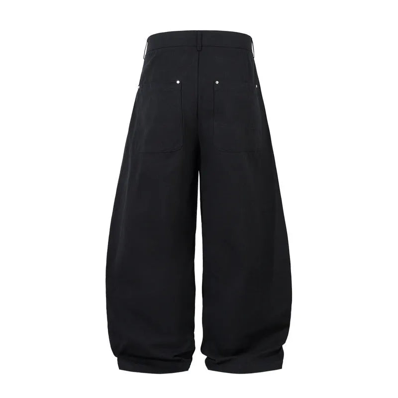 Men's black pleated machete casual trousers with wide-leg loose-fitting design