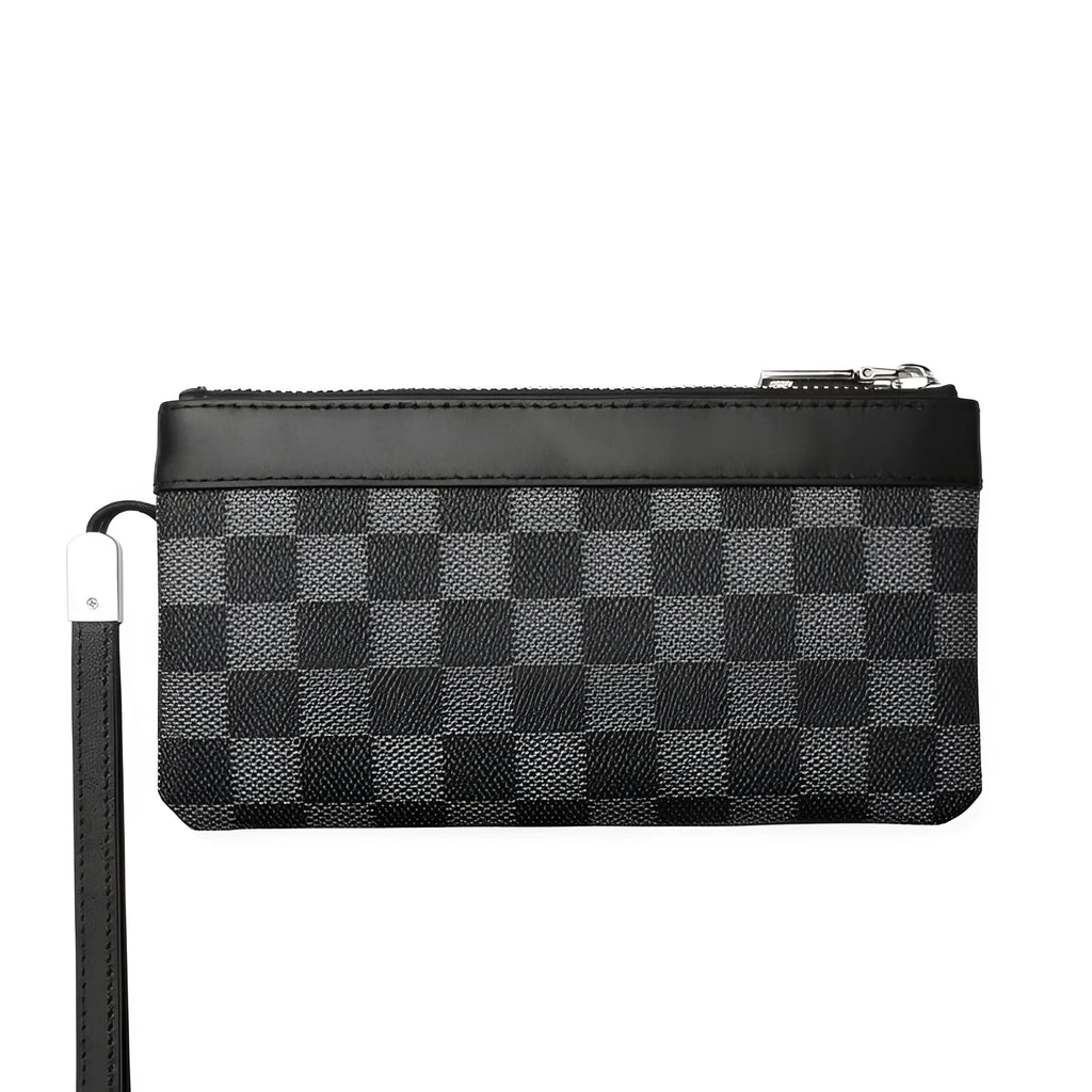 Men's black plaid genuine cowhide leather wallet measuring 20cm by 10cm
