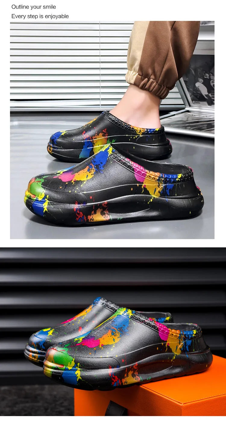 Men's black waterproof EVA work slippers with toe cap and textured sole for chefs and gardens.