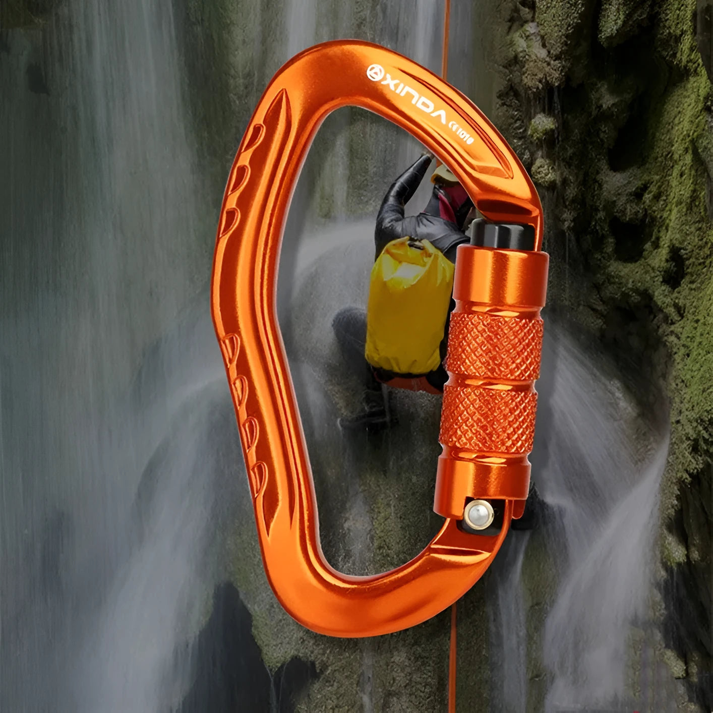 Climbing carabiner with automatic master lock in black, blue, orange, red, or silver colours for rock climbing equipment